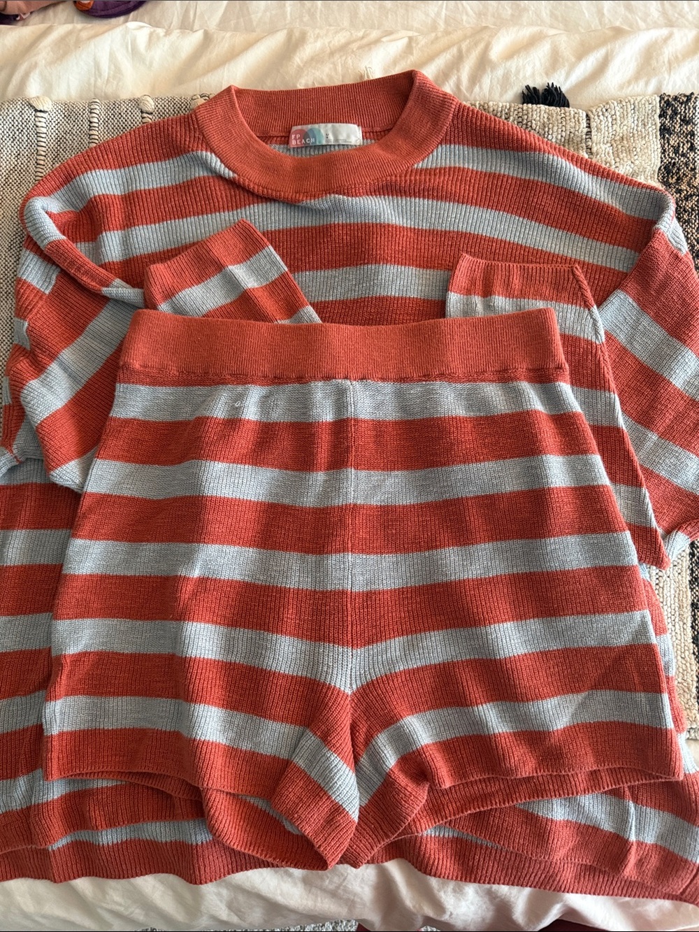 Free People Coral and Light Gray Striped Crewneck Sweater Set